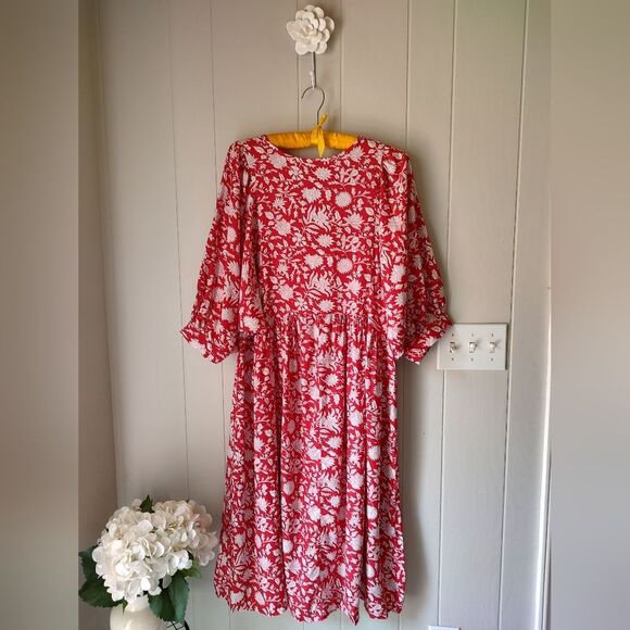 Red White Floral Roomy Thin Comfy Summer Dress Size Large - Picture 4 of 11